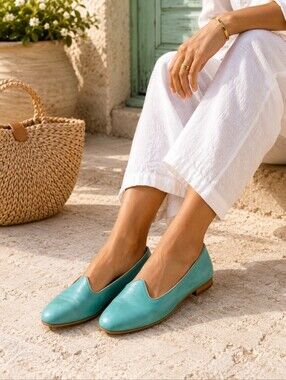 Italian Turquoise Leather Smoking Flats EU 37 Artisan Loafers Coastal Chic